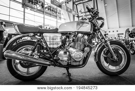 STUTTGART GERMANY - MARCH 18 2016: The serial model motorcycle Laverda 1200 Mirage 1979. Black and white. Europe's greatest classic car exhibition 
