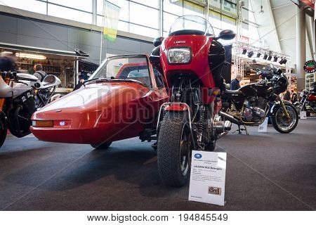 STUTTGART GERMANY - MARCH 18 2016: Motorcycle Laverda RGS with a sidecar Carell-Shoo 1983. Europe's greatest classic car exhibition 