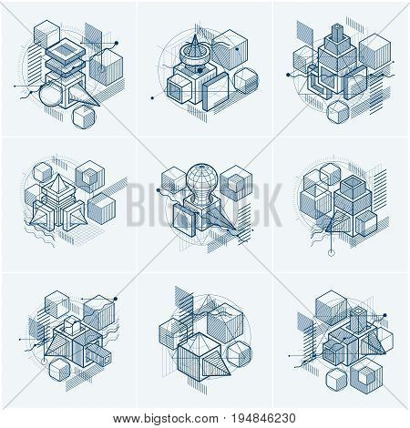 Abstract 3d shapes compositions vector isometric backgrounds. Compositions of cubes hexagons squares rectangles and different abstract elements. Vector collection.