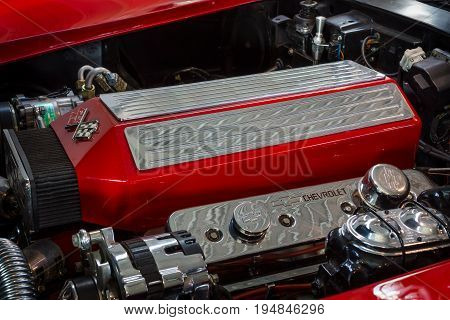 STUTTGART GERMANY - MARCH 18 2016: Engine of sports car Chevrolet Corvette (C3) Stingray close-up. Europe's greatest classic car exhibition 