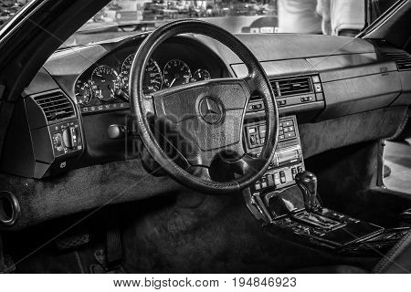 STUTTGART GERMANY - MARCH 18 2016: Cabin of grand tourer car Mercedes-Benz 600 SL (R129) 1993. Black and white. Europe's greatest classic car exhibition 