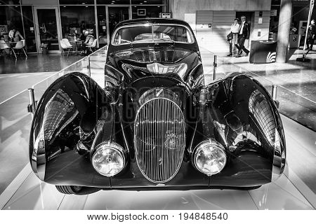STUTTGART GERMANY - MARCH 18 2016: Vintage car Talbot-Lago T150 SS Teardrop Coupe 1937. Black and white. Europe's greatest classic car exhibition 