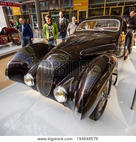 STUTTGART GERMANY - MARCH 18 2016: Vintage car Talbot-Lago T150 SS Teardrop Coupe 1937. Europe's greatest classic car exhibition 