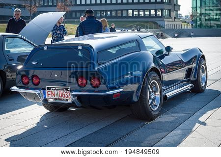 STUTTGART GERMANY - MARCH 18 2016: Sports car Chevrolet Corvette (C3) Estate Eckler 1973. Rear view. Europe's greatest classic car exhibition 