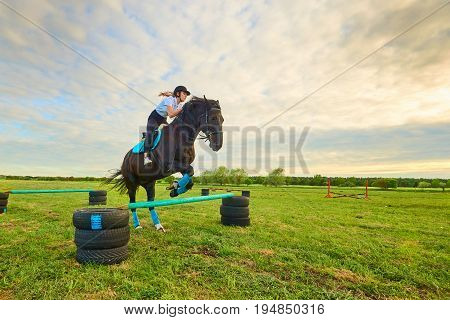 Pretty young girl jockey and her horse jumper