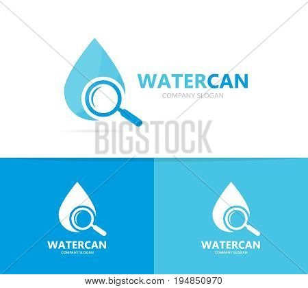 oil and loupe logo combination. Drop and magnifying glass symbol or icon. Unique water, aqua and search logotype design template.