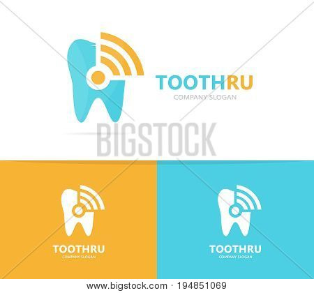 tooth and wifi logo combination. Dental and signal symbol or icon. Unique clinic and radio, internet logotype design template.