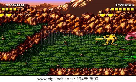 KURSK. RUSSIA - JUNE 26, 2017: the gameplay is one of the popular games on the console that was popular in the 90s.
