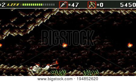 KURSK. RUSSIA - JUNE 26, 2017: the gameplay is one of the popular games on the console that was popular in the 90s.