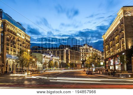 Moscow Russia - July 2017: View of Tverskaya street from Manezhnaya square at summer sunset with car trails. Tverskaya Street is main street of Moscow Russia.