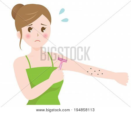 Illustration of razor shaving skin troubles on young woman's arm