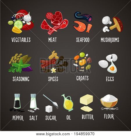 Meat, vegetables, seaoning, spices and grains. Cooking ingredients isolated colors icons set. Realistic food vector illustration