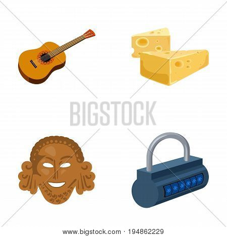 Guitar, cheese and other  icon in cartoon style.Theatrical mask, padlock icons in set collection.