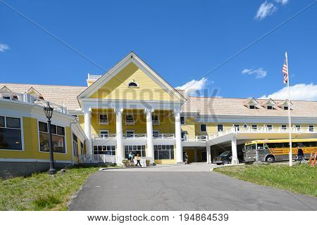 YELLOWSTONE NATIONAL PARK, WYOMING - JUNE 25, 21017: The Lake Hotel. The oldest and finest accommodation in the park is celebrating its 125th anniversary.