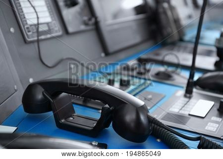 Telephone in captain's bridge of modern ship
