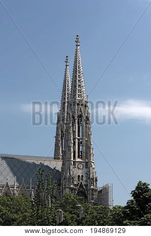 The two towers of the Neo-Gothic votive church (Votivkirche) in Vienna, Austria