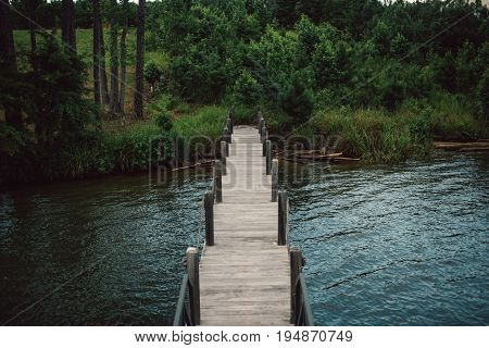 View of empty boat deck or dock leading from lake to forest