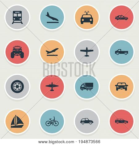 Vector Illustration Set Of Simple Shipment Icons. Elements Airliner, Small Automobile, Downgrade And Other Synonyms Convertible, Aircraft And Boat.