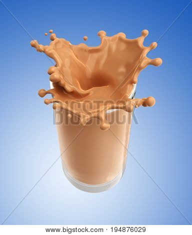Splash of chocolate milk from the glass .Blue background. 3d rendering