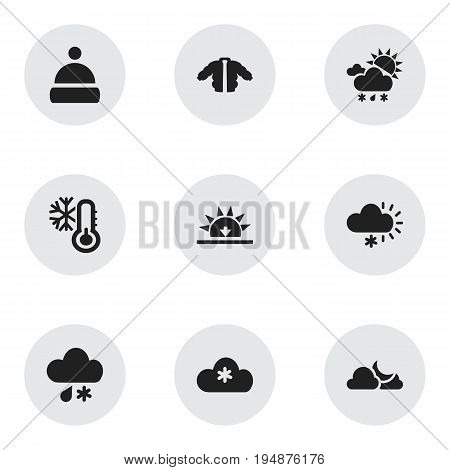 Set Of 9 Editable Air Icons. Includes Symbols Such As Sunset, Frosty, Cap And More. Can Be Used For Web, Mobile, UI And Infographic Design.