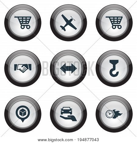 Vector Illustration Set Of Simple Logistics Icons. Elements Cart, Protect Car, Two Directions And Other Synonyms Retail, Trolley And Lef.