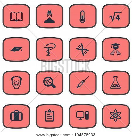 Vector Illustration Set Of Simple Knowledge Icons. Elements Knowledge, Thermometer, Bacterium And Other Synonyms Nuclear, Engendering And Handbag.