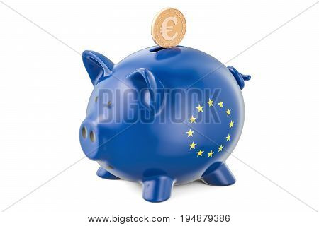 Investments in the European Union. Piggy bank with flag and golden euro coin business concept. 3D rendering