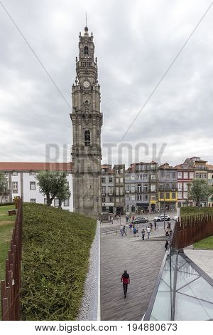 Bell tower of the Clerigos Church (Torre dos Clerigos) is one famous panoramic viewpoint destination of Porto city Portugal.