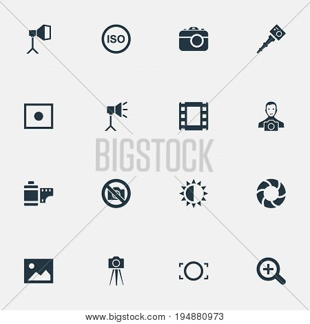 Vector Illustration Set Of Simple Photograph Icons. Elements Brilliance, Photo Tape, Photograph And Other Synonyms Magnifying, Lustre And Removable.