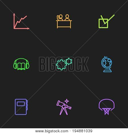 Set Of 9 Editable Teach Icons. Includes Symbols Such As Dictionary, Chart, Scope And More. Can Be Used For Web, Mobile, UI And Infographic Design.