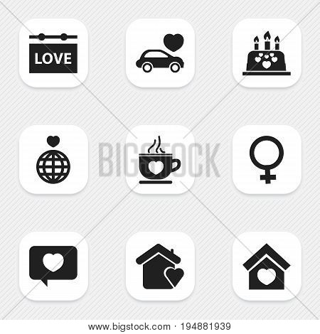 Set Of 9 Editable Love Icons. Includes Symbols Such As Coffee Cup, Banner, World And More. Can Be Used For Web, Mobile, UI And Infographic Design.
