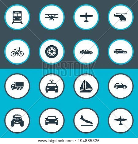 Vector Illustration Set Of Simple Transportation Icons. Elements Police Car, Motor Lorry, Downgrade And Other Synonyms Helicopter, Metro And Wheel.