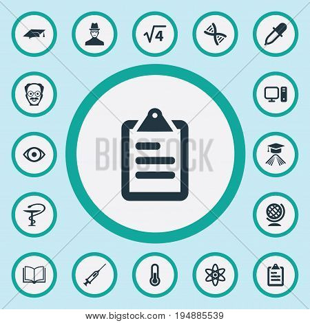 Vector Illustration Set Of Simple Study Icons. Elements Checklist, Scholar, Atom And Other Synonyms Nuclear, Scholar And Dropper.
