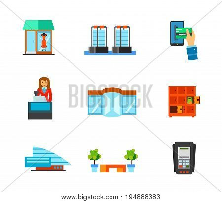 Shopping mall icon set. Showcase Anti-theft sensor gates Woman casher Revolving door Lockers Shopping mall building Shopping mall bench. Contains bonus icon of Dataphone and Mobile banking