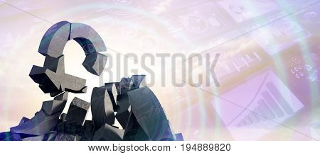 3d composite image of various damaged currency symbols against composite image of blue spiral with bright light