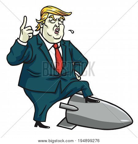 Donald Trump Standing on Nuclear Missile. Cartoon Vector Illustration. July 12, 2017