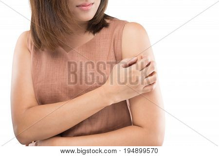 People scratch the itch with hand Upper arm itching Healthcare And Medicine Women with skin problem concept.