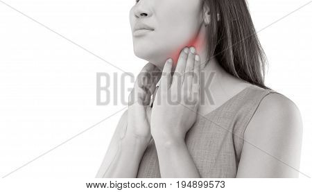 Sore throat of a women. isolated on white background.