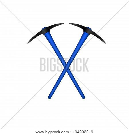 Two crossed mattocks in black design with blue handle on white background