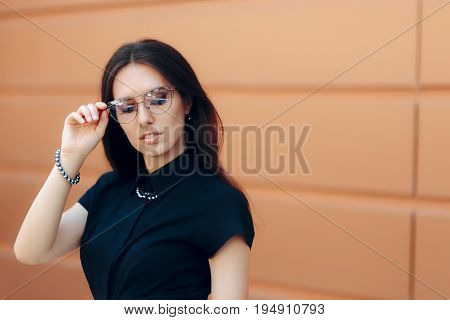 Elegant Fashion Woman with Trendy Eyeglasses and Pearl Accessories