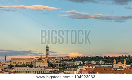 Zizkov TV tower . View from the Powder Tower on the Prague landscape on a sunny day with the famous Zizkov TV tower on the horizon. Czech Republic Prague