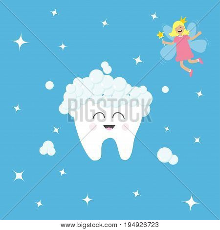 Tooth icon. Tooth fairy flying wings. Magic wand with fairy dust. Brush your teeth. Cute funny cartoon smiling character. Oral dental hygiene. Health care. Baby background. Flat design. Vector