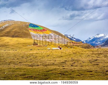 View of tibetan monastery at the mountain in Sichuan China