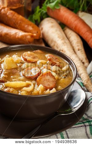 Traditional Polish Split Pea Soup With Sausage, Bacon And Potatoes