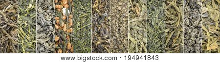 set of Chinese and Japanese green tea - a collage of 12 macro background shots of loose leaves
