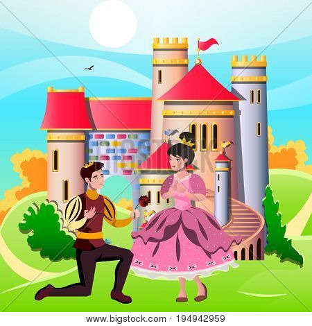 Princess and knights standing in front of the castle. Vector illustration