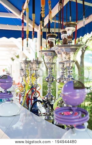 Different Hookahs. Arabic smoke hookah. Cooking and relaxation