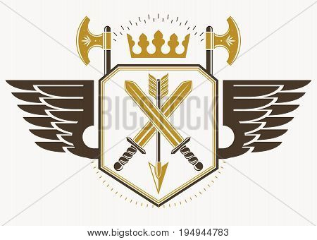 Vector retro label design decorated with eagle wings and made using vintage elements like royal crown and armory