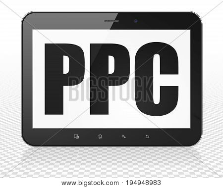 Advertising concept: Tablet Pc Computer with black text PPC on display, 3D rendering