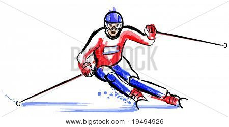 Vector illustration of skier in dry chalkcharcoal pencil and watercolor technique